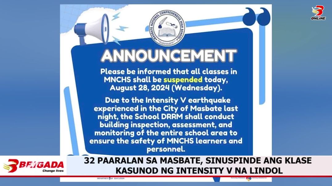 ⁣32 paaralan sa Masbate, sinuspinde ang klase kasunod ng Intensity V na lindol