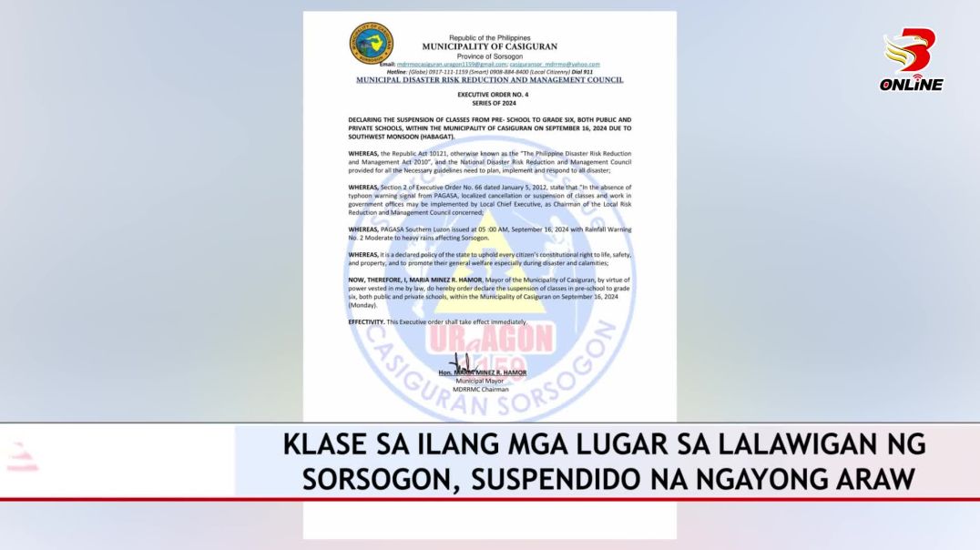 Klase sa ilang mga lugar sa lalawigan ng Sorsogon, suspendido na ngayong araw