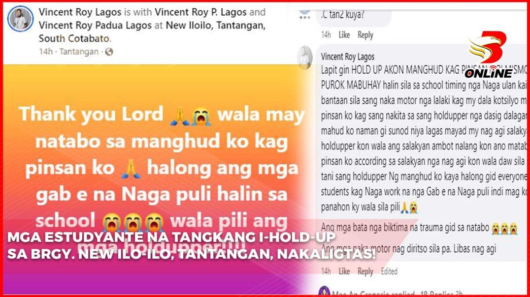 Mga estudyante na tangkang i-hold-up sa Brgy. New Ilo-ilo, Tantangan, nakaligtas!