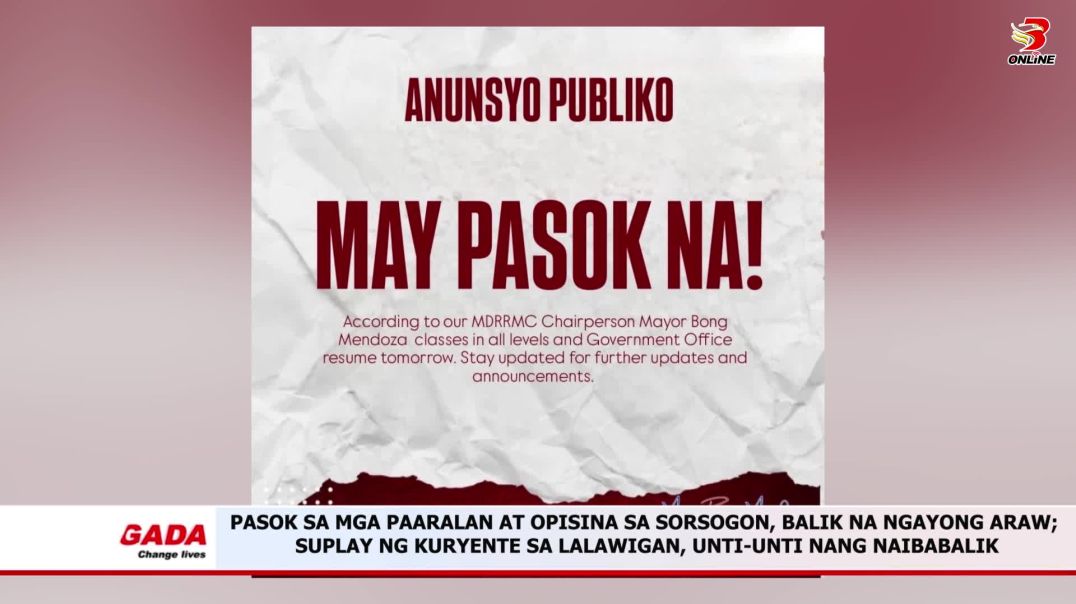 ⁣⁣Pasok sa mga paaralan at opisina sa Sorsogon, balik na ngayong araw; suplay ng kuryente sa lalawiga