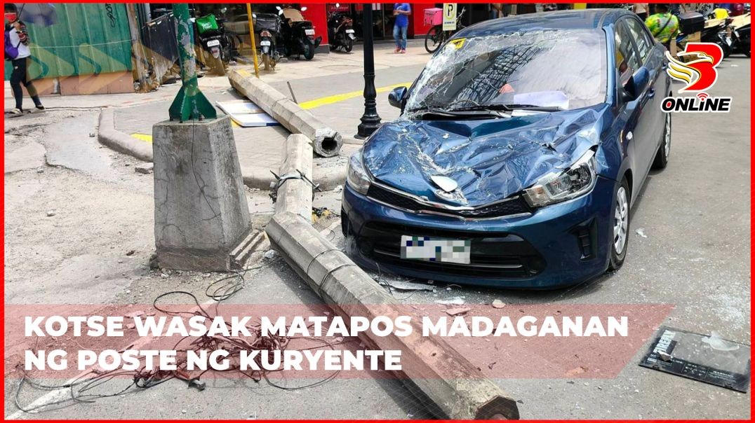 ⁣Kotse wasak matapos madaganan ng poste ng kuryente