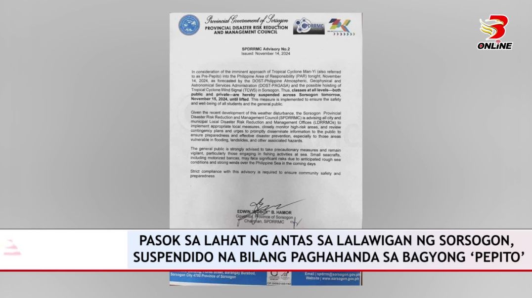 ⁣Pasok sa lahat ng antas sa lalawigan ng Sorsogon, suspendido na bilang paghahanda sa Bagyong ‘Pepito