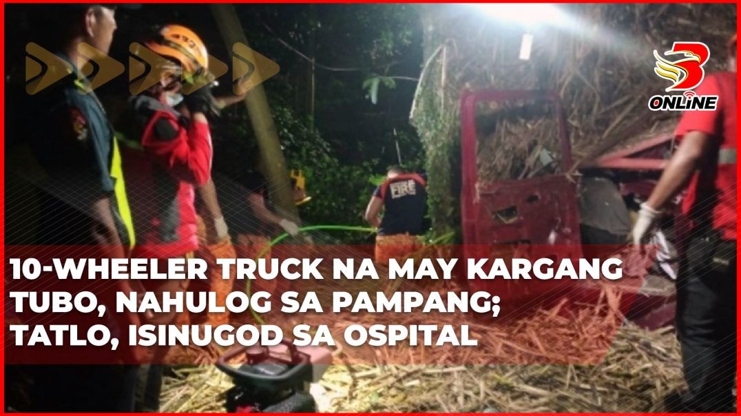 ⁣10-wheeler truck na may kargang tubo, nahulog sa pampang; Tatlo, isinugod sa ospital