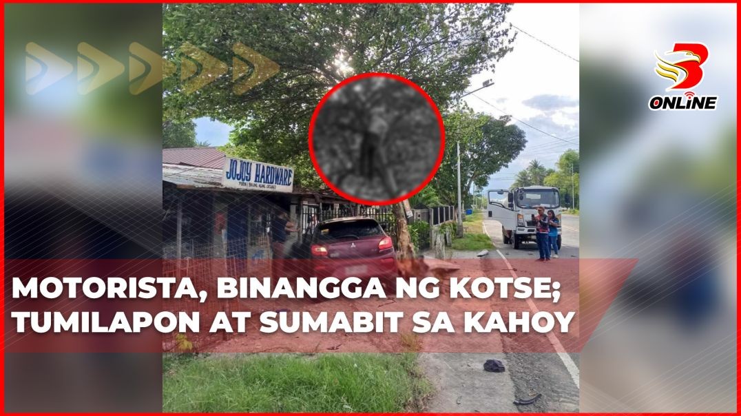 ⁣Motorista, binangga ng kotse; tumilapon at sumabit sa kahoy