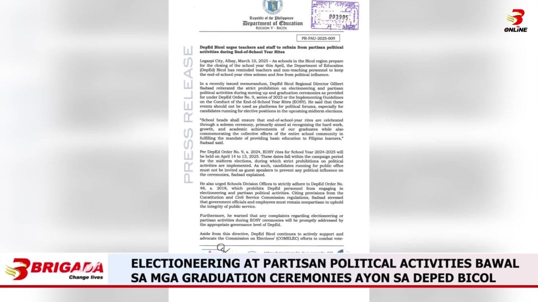 ⁣ELECTIONEERING AT PARTISAN POLITICAL ACTIVITIES BAWAL SA MGA GRADUATION CEREMONIES AYON SA DEPED BIC
