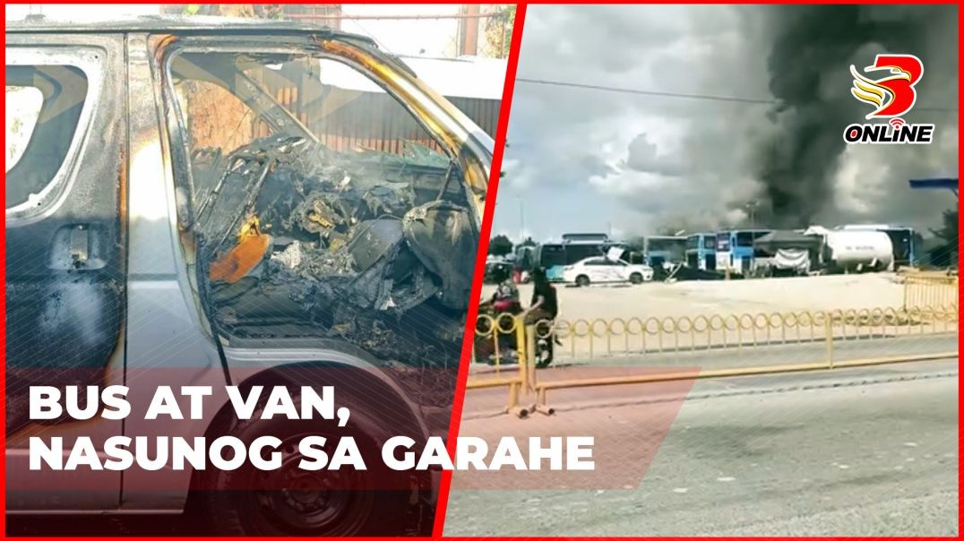 ⁣Bus at van, nasunog sa garahe