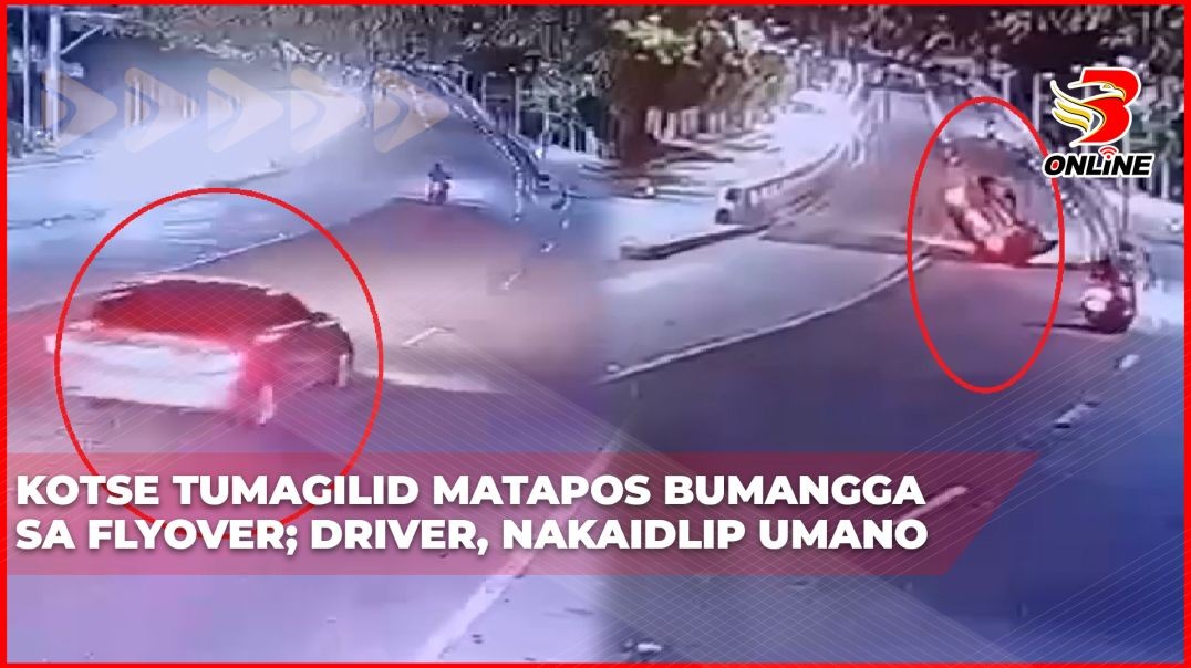 ⁣Kotse tumagilid matapos bumangga sa flyover; driver, nakaidlip umano