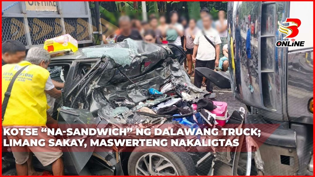 ⁣Kotse “na-sandwich” ng dalawang truck; limang sakay, maswerteng nakaligtas