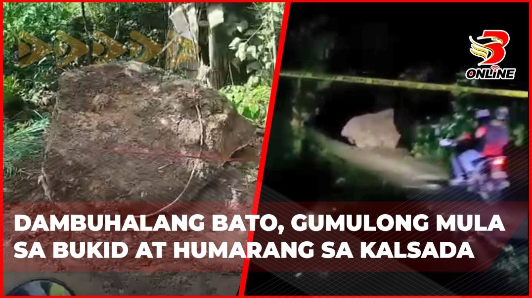 ⁣Dambuhalang bato, gumulong mula sa bukid at humarang sa kalsada