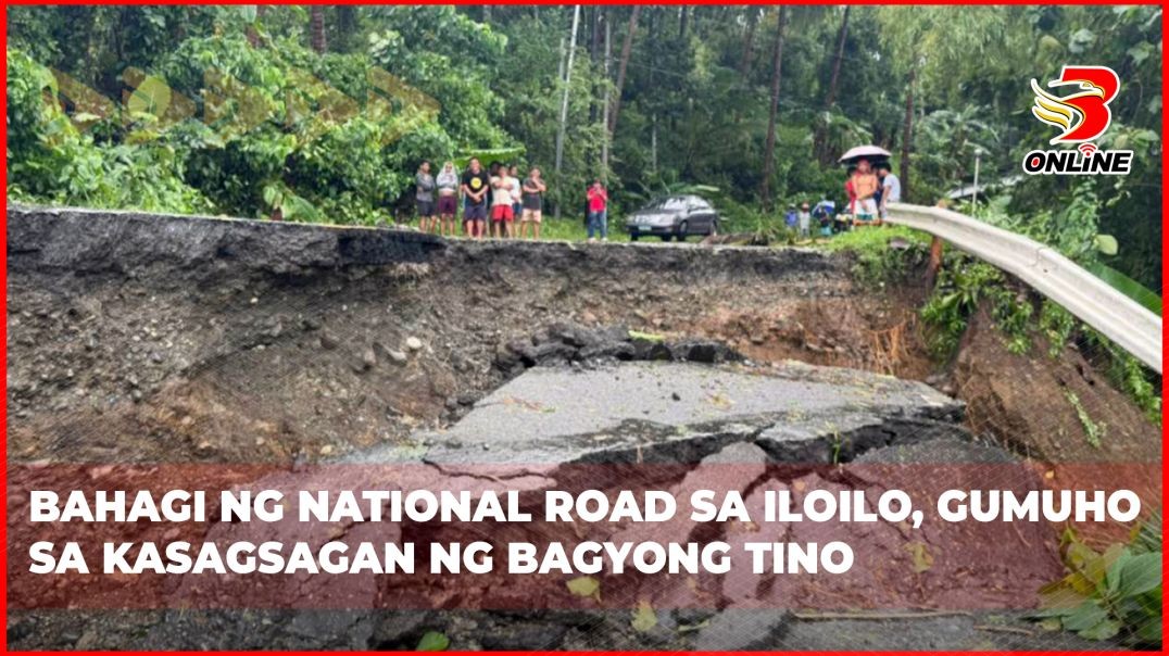 ⁣Bahagi ng national road sa Iloilo, gumuho sa kasagsagan ng Bagyong Tino