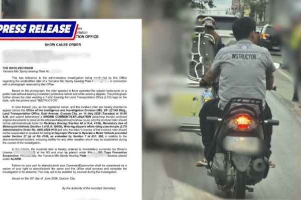Instructor ng driving school na nakitang nagmo-motor nang walang helmet at naka-tsinelas, inisyuhan ng SCO